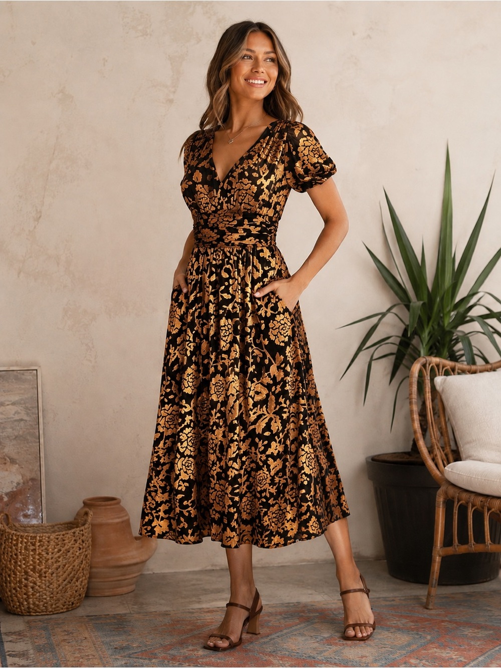 Baltic Born Black and Gold Floral Velvet Midi Dress